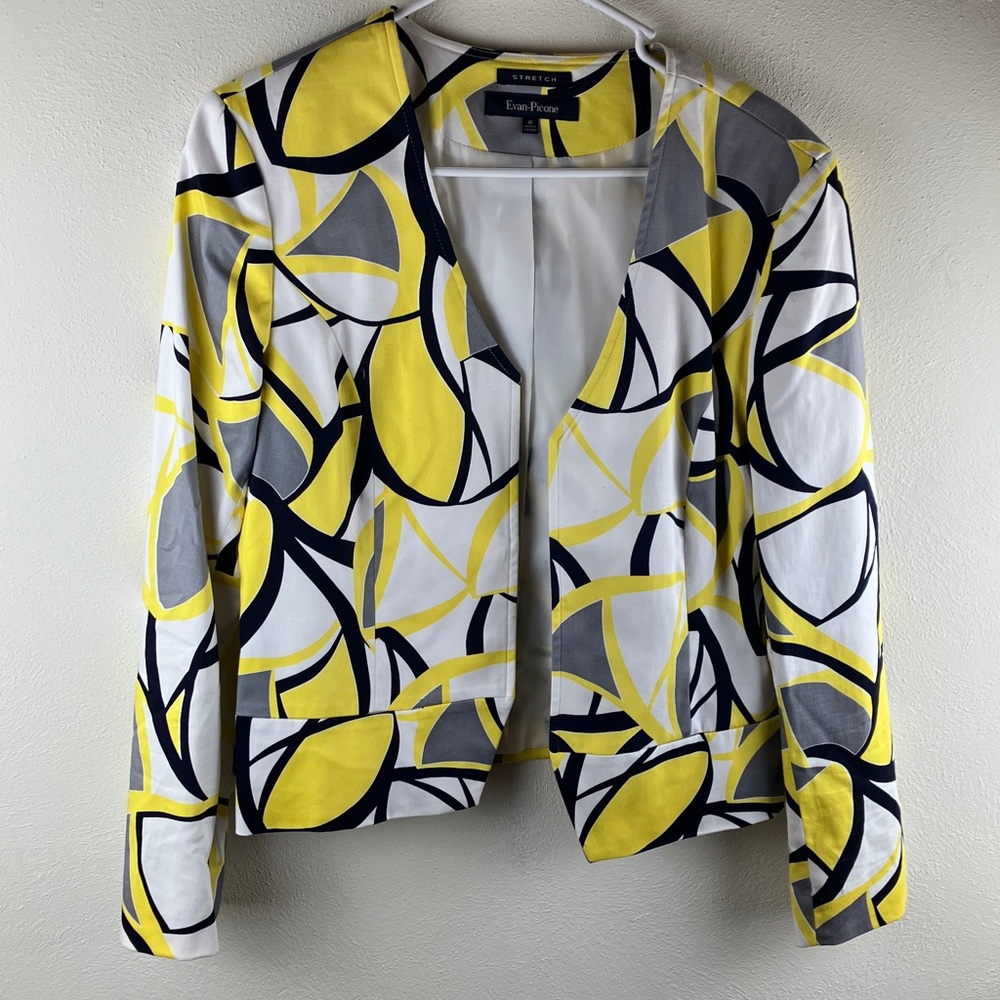 Evan-Picone Stretch Geometric Print Yellow Navy White Sz 12 Blazer